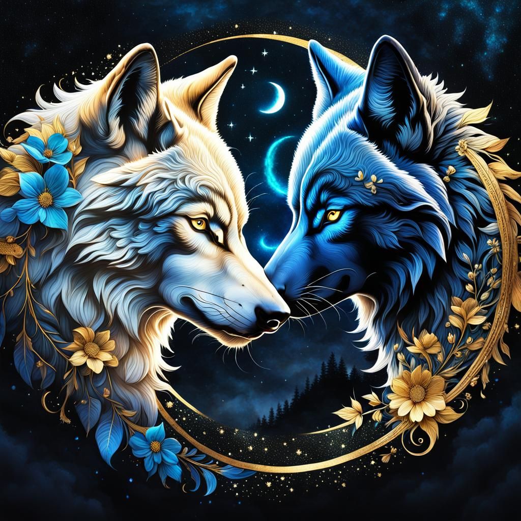 Ethereal Wolves Yin Yang in Detailed Matte Painting