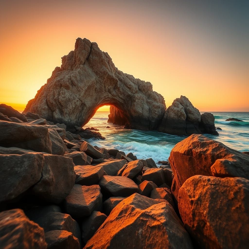 Majestic Rocky Coastline Sunset in Warm Hues