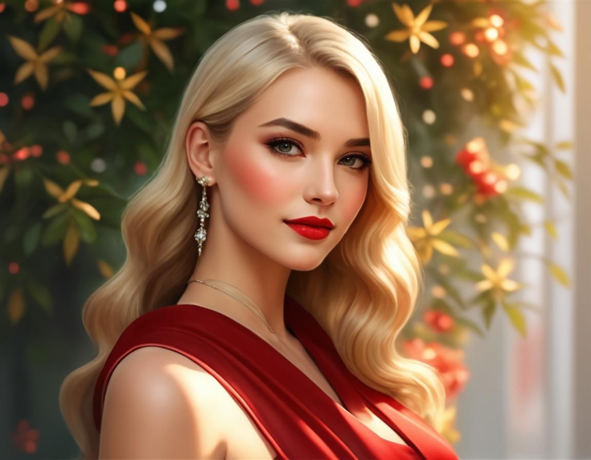 Blonde Woman in Red Dress with Painterly Style