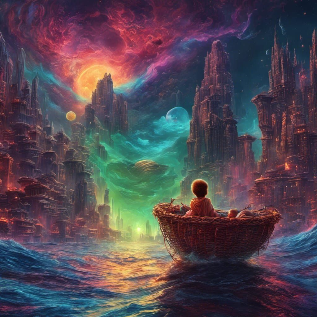 Baby Moses Drifting to Alien Cityscape, Detailed Matte Paint...