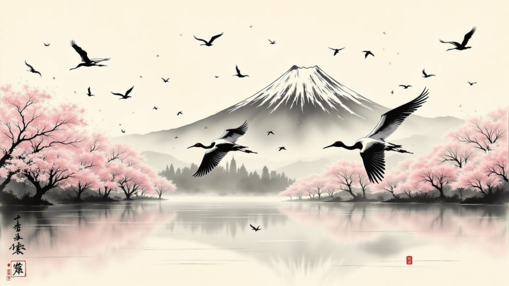 Traditional Japanese Sumi-e Painting of Cranes and Mt. Fuji