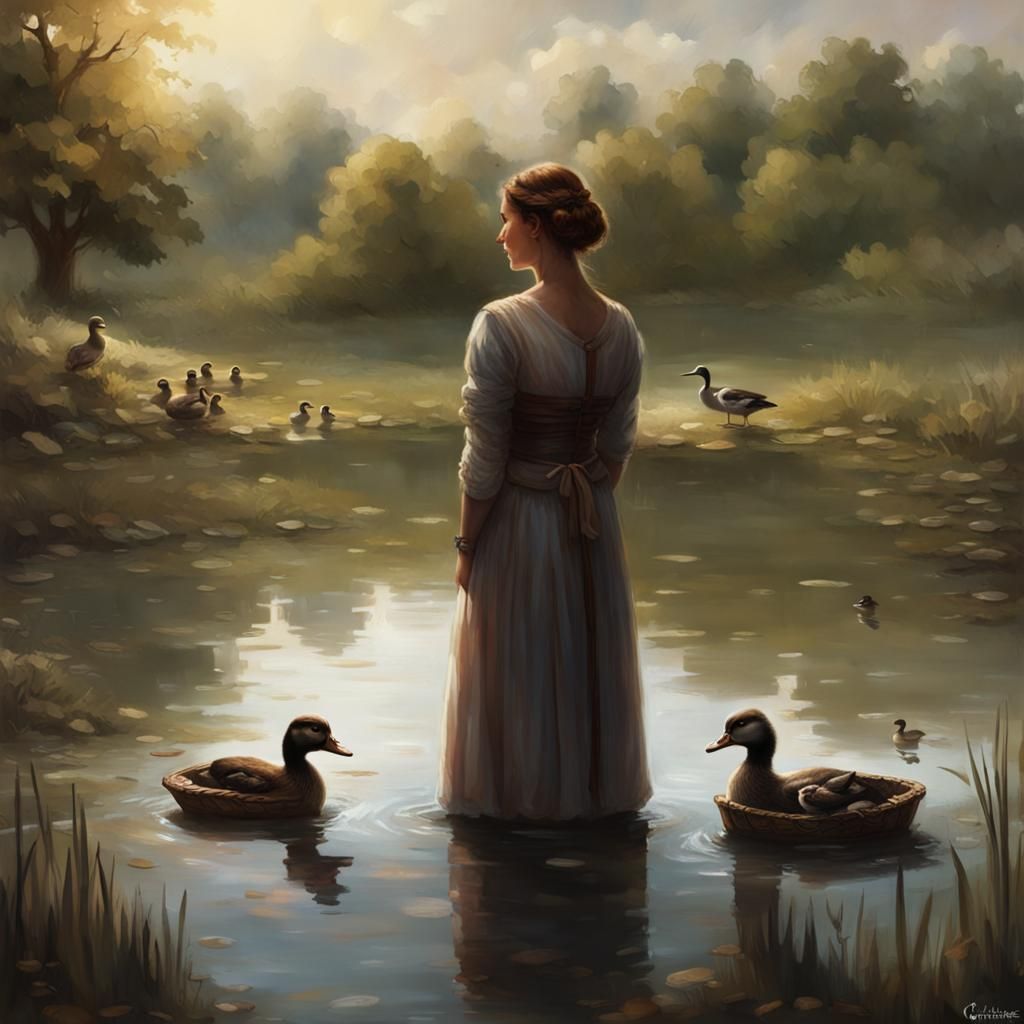 Lady Watching Ducks at Pond in Game Art Style