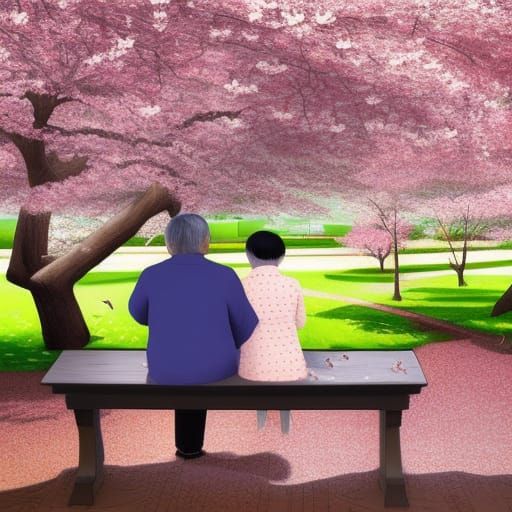 Elderly Couple Feeding Birds Under Cherry Blossoms