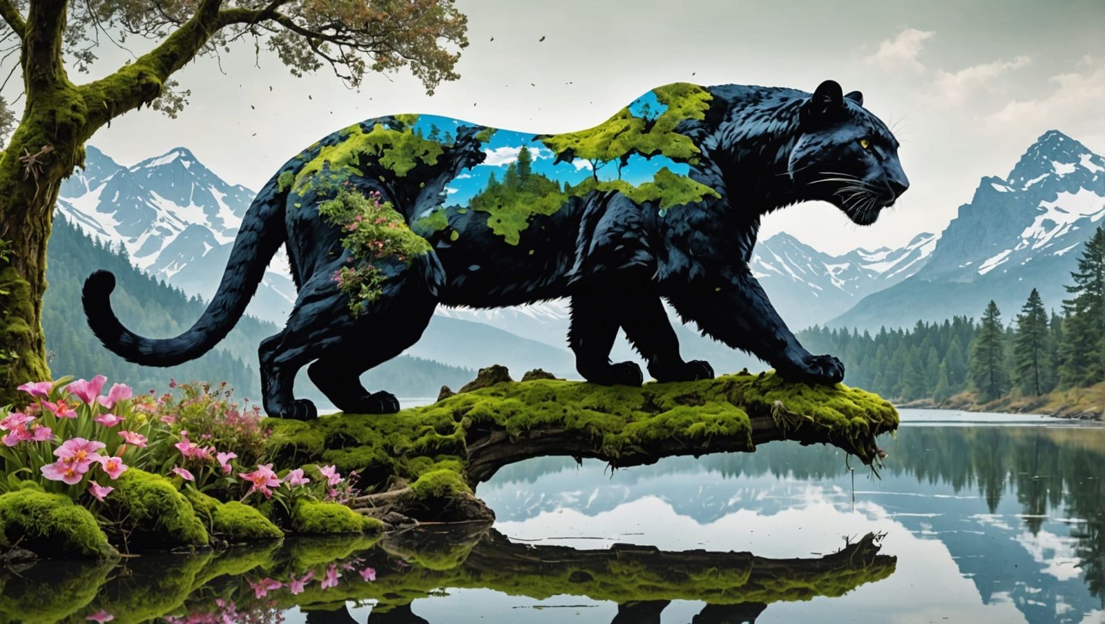 Panther Silhouette in Double Exposure Ink Art