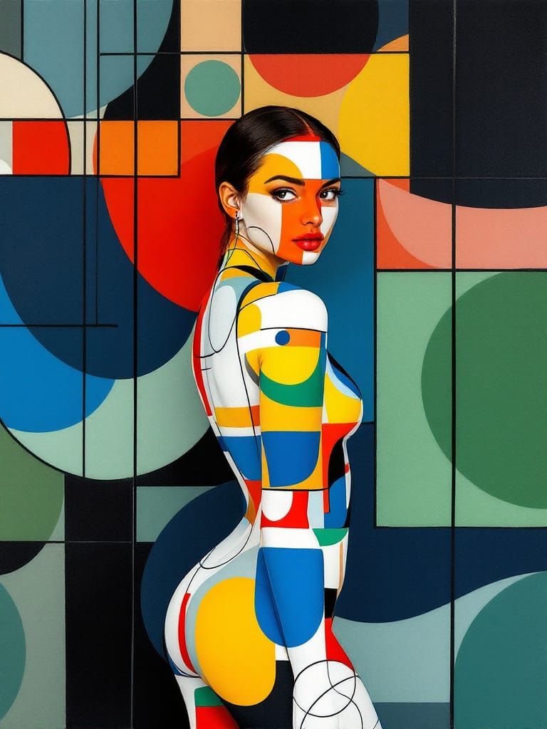 Woman in Profile Amidst Geometric Patterns and Watercolor Wa...