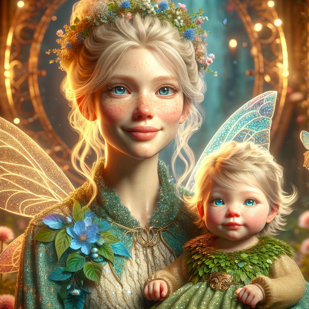 Fantasy Scene: Fairy Family with Baby in Digital Painting