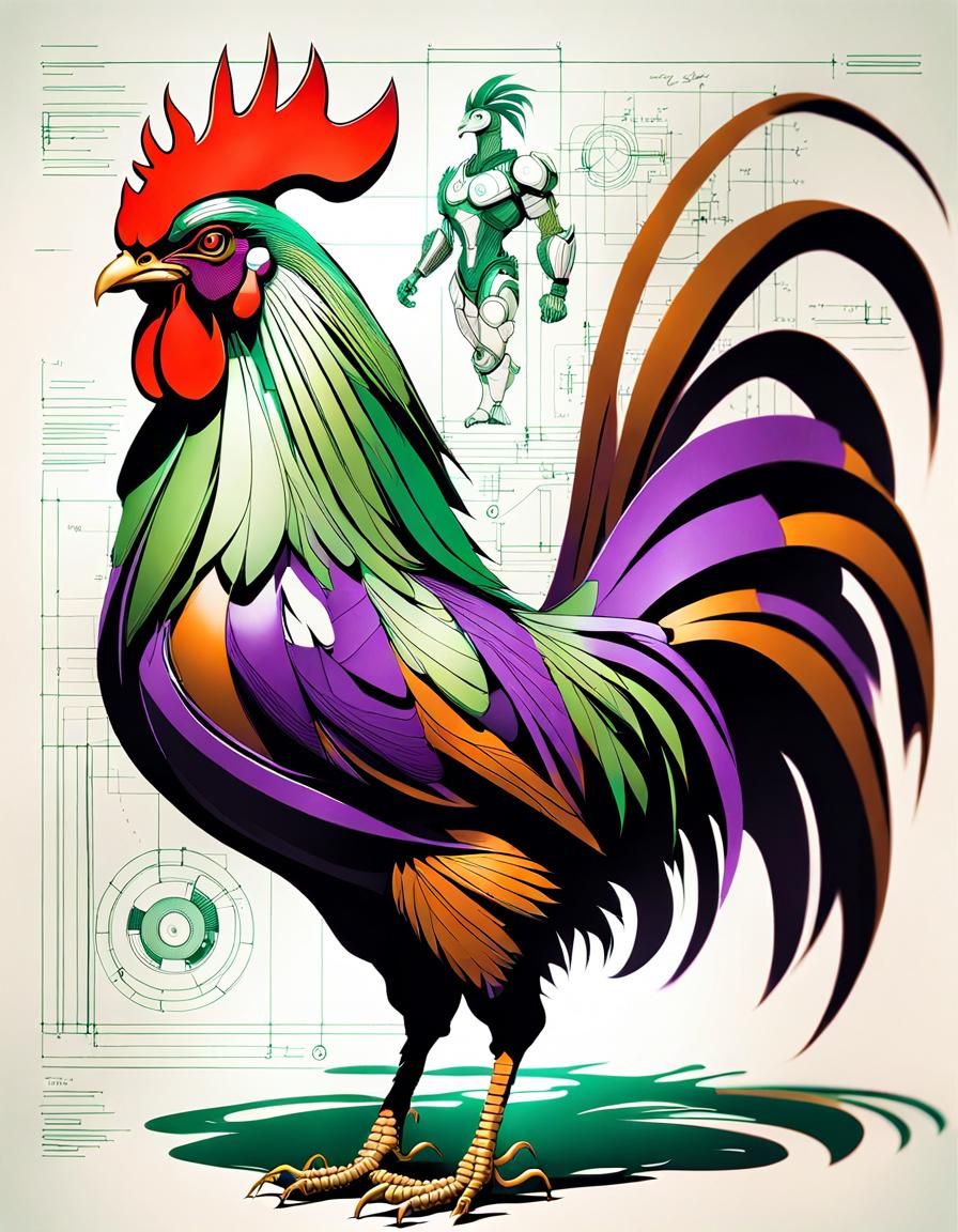 Green and Purple Cyborg Rooster Anatomy Study