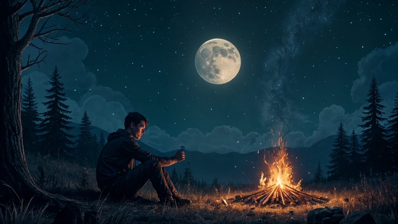 Campfire Dreams Under Moonlit Skies in Pixel Art