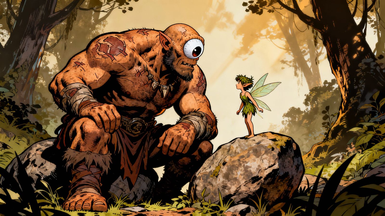 Cyclops and Fairy in Vibrant Fantasy Art Style