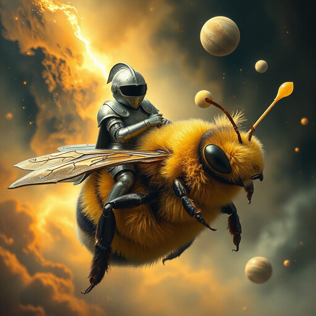 Knight Rides Fluffy Bumblebee Through Nebula in Art Nouveau ...