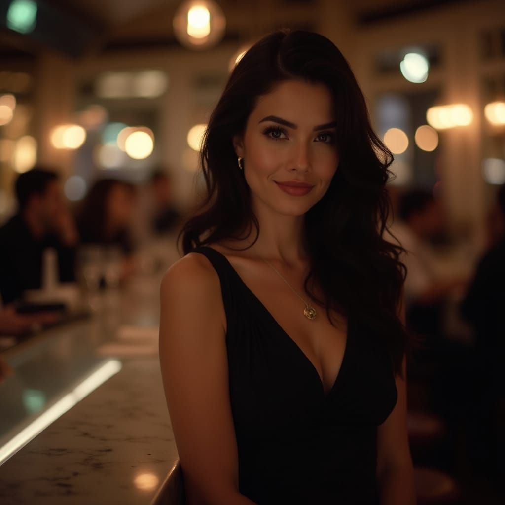 Elegant Woman in Black Dress at Upscale Restaurant