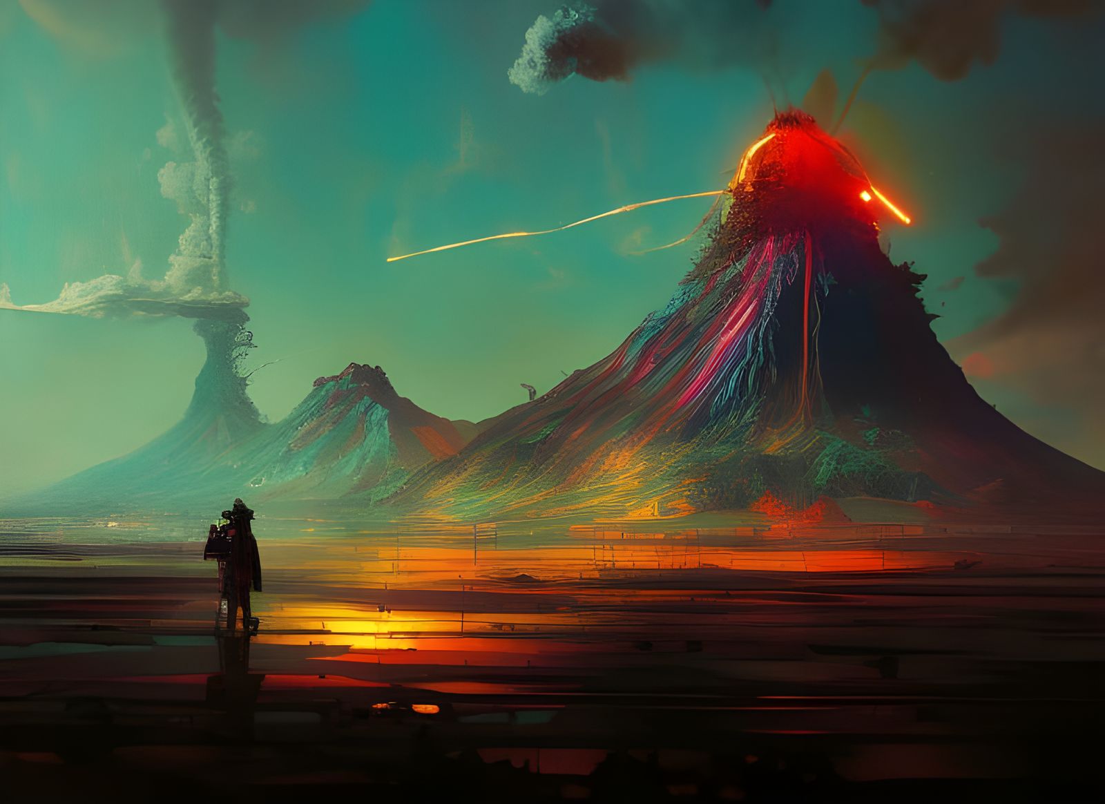 Atompunk Volcanologist in Retro Futuristic Volcano Lair