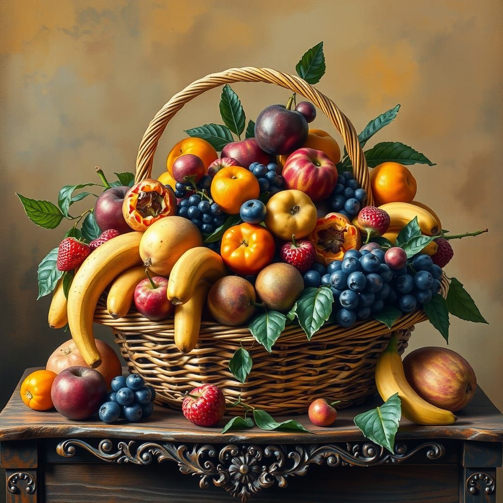 Fruit Basket Still Life in Gouache Style