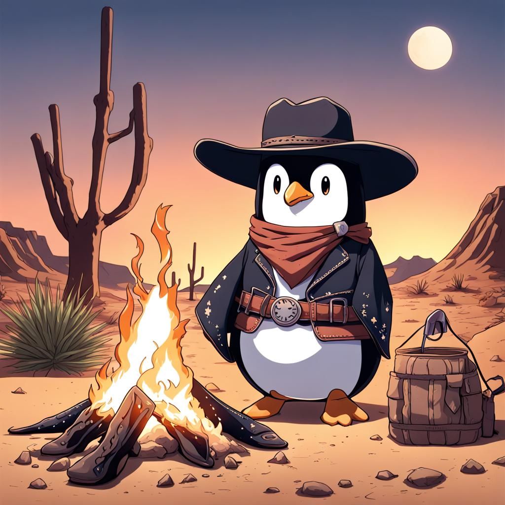 Penguin Cowboy at Desert Campfire: Anime Style