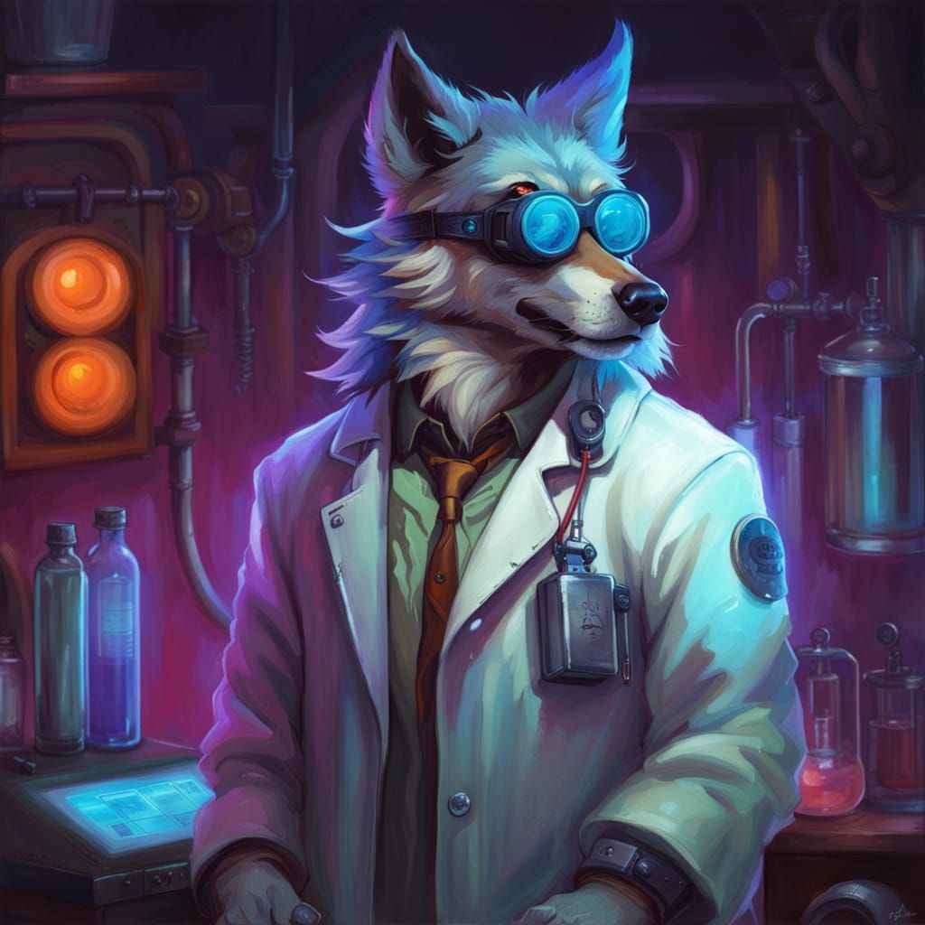Wolf Scientist in Cyberpunk Fantasy Art Style