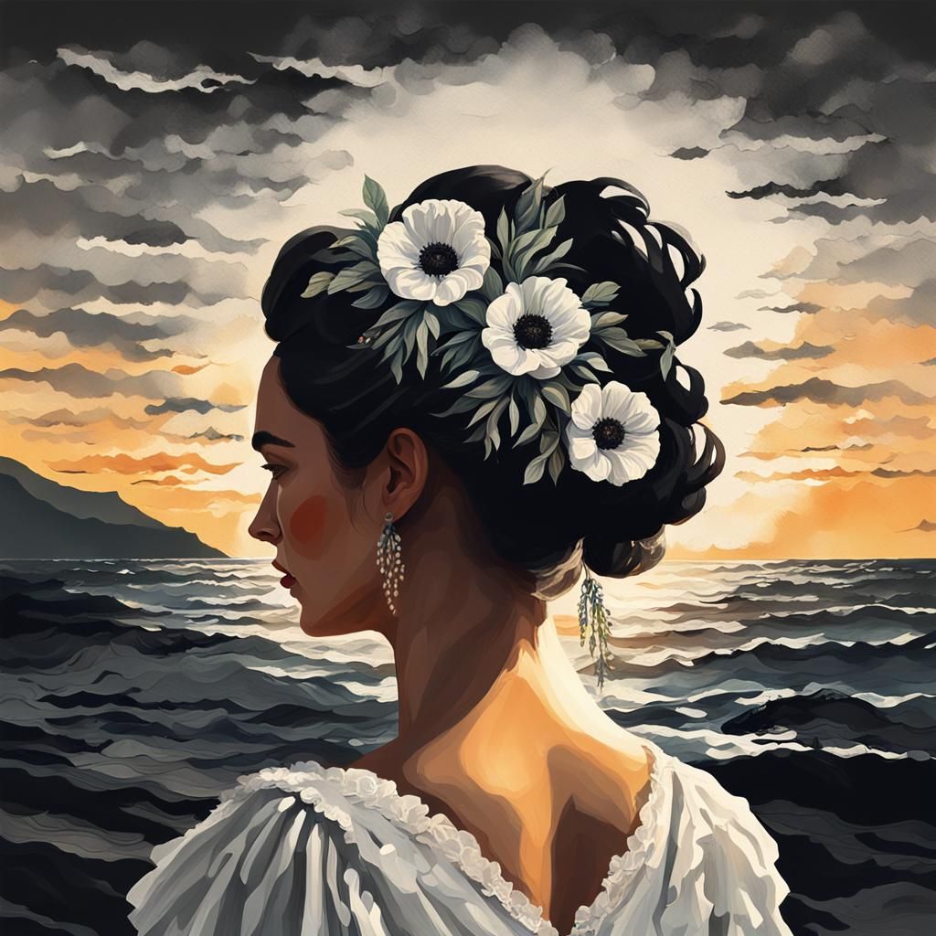 Woman Watching Sunset in Retro Digital Painting
