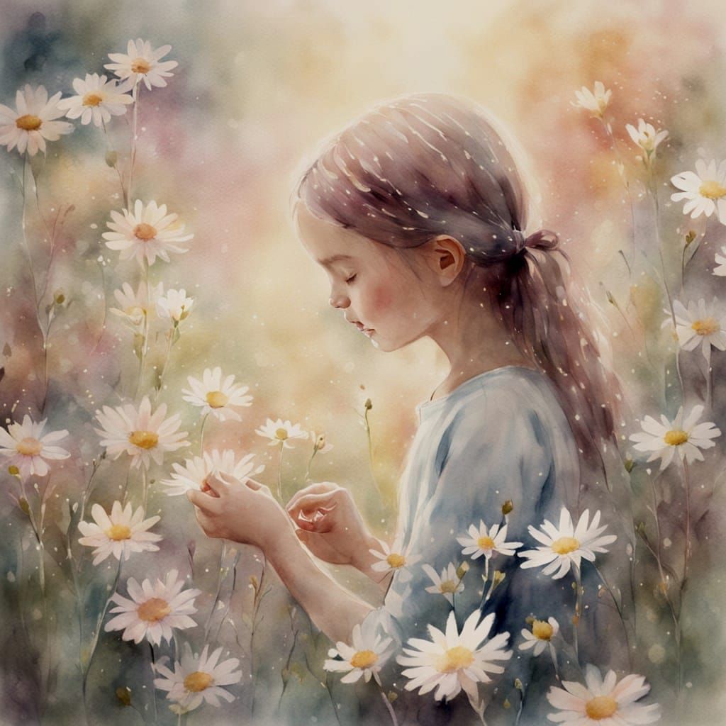 Girl Making Daisy Chain in Watercolor Style