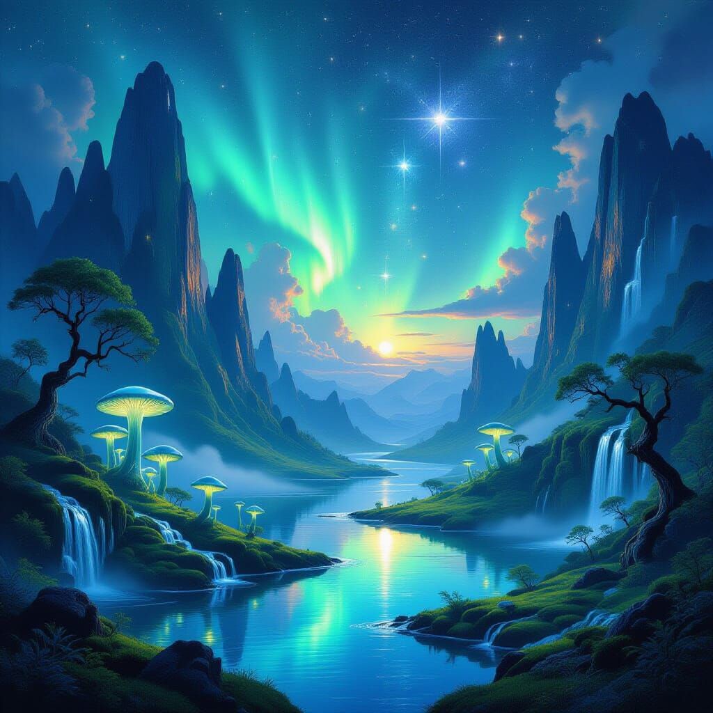 Surreal Fantasy Landscape with Auroras and Crystal Cliffs