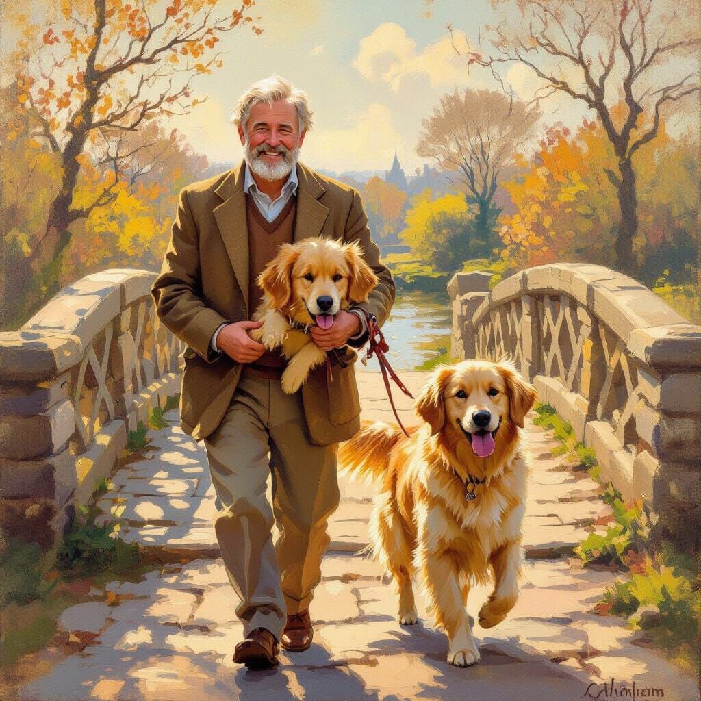Man and Dog Walk Sunny Bridge in Impressionist Style
