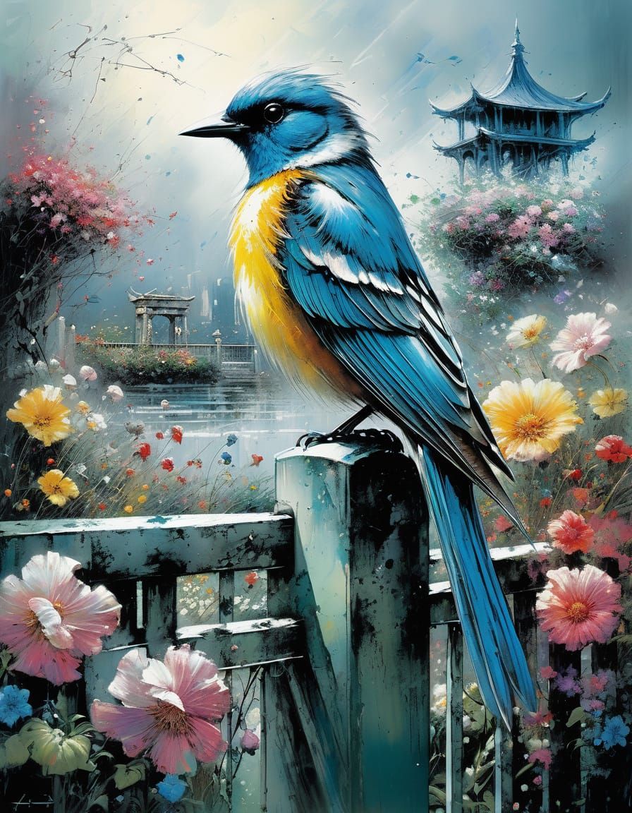 Surreal Bird Perched on a Vibrant Garden Fence