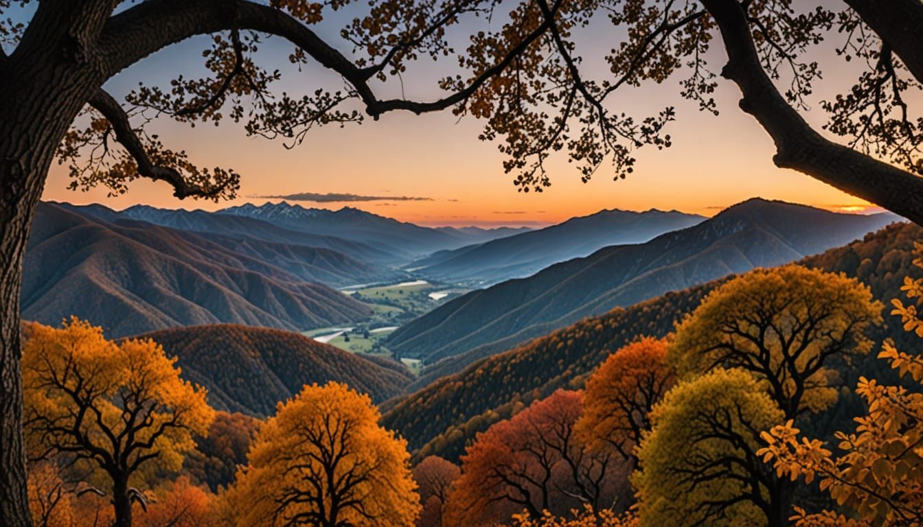 Autumn Sunset Through Oak Branches