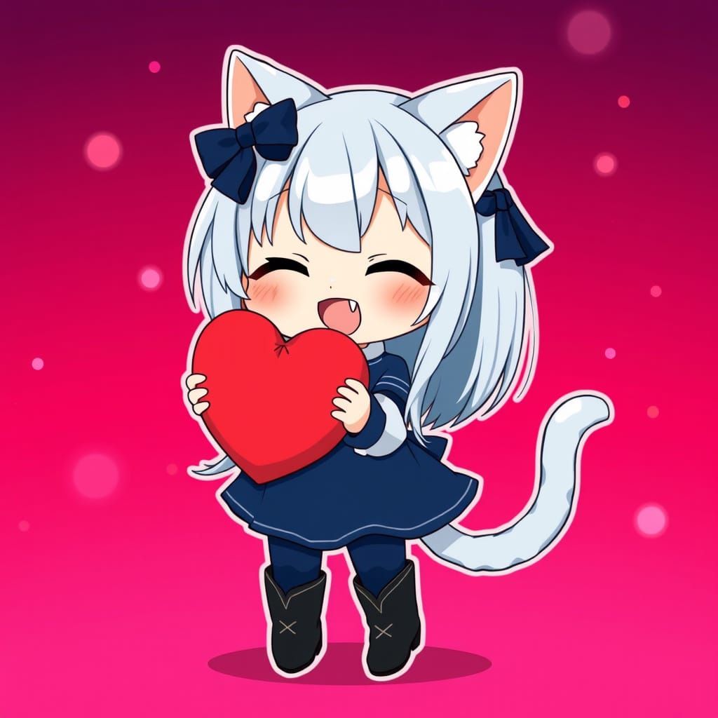 Chibi Anime Catgirl in Vibrant Gradient Background