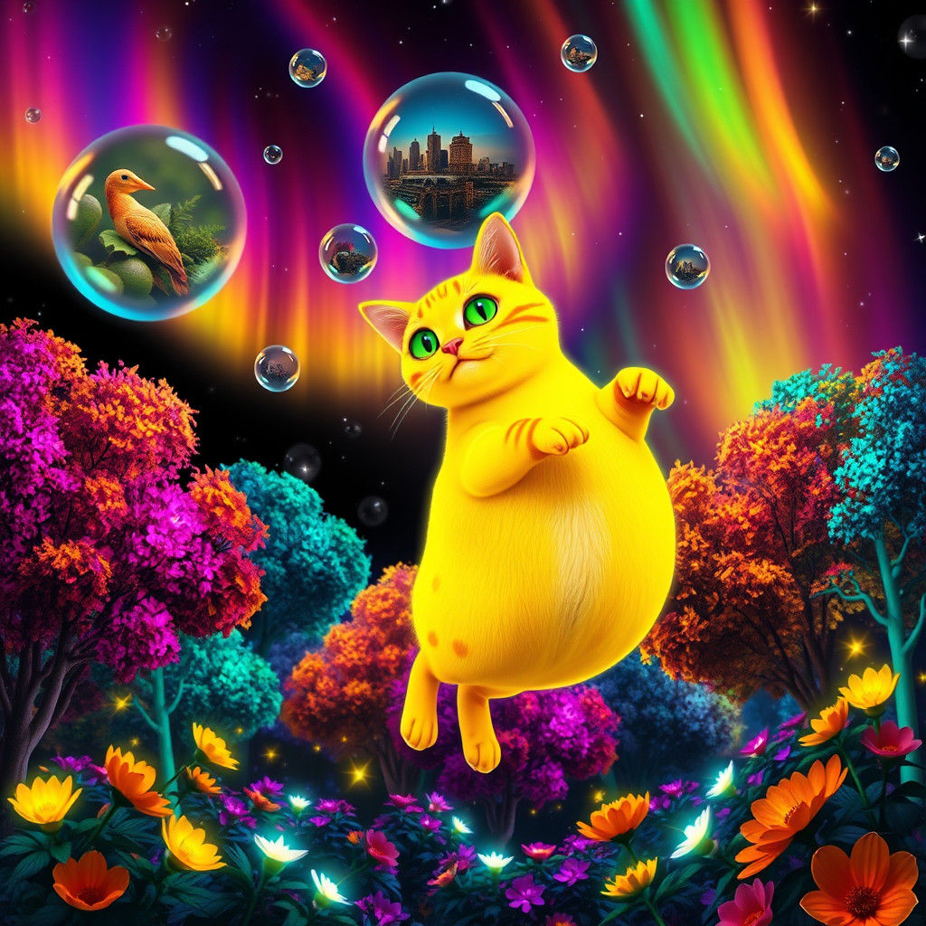 Floating Yellow Cat Dream Creature in Bioluminescent Garden