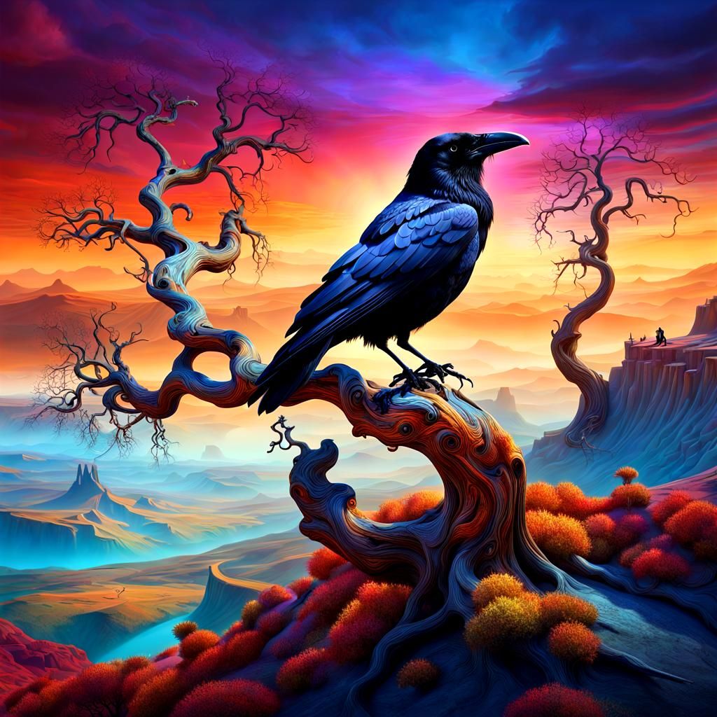 A raven perched on a twisted tree branch in a surreal landscape