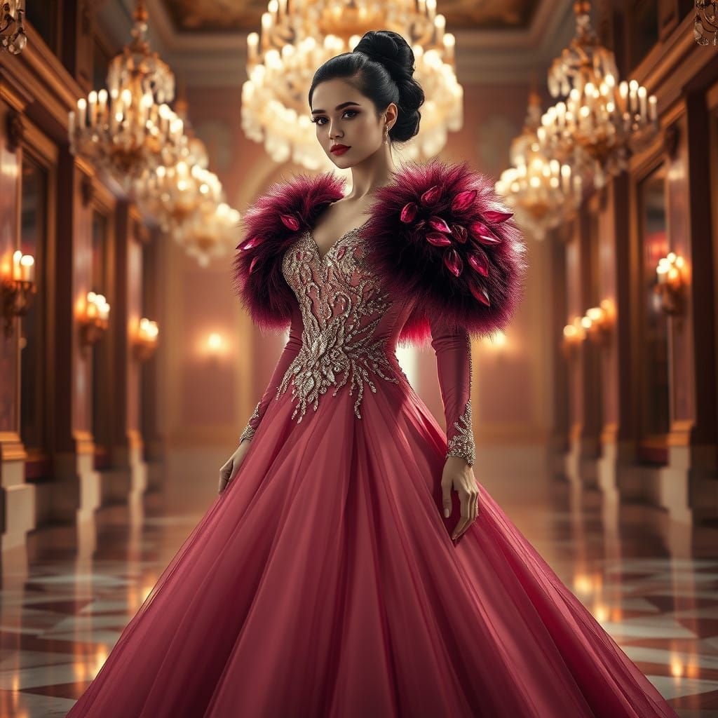 Elegant Woman in Crystal-Encrusted Ball Gown