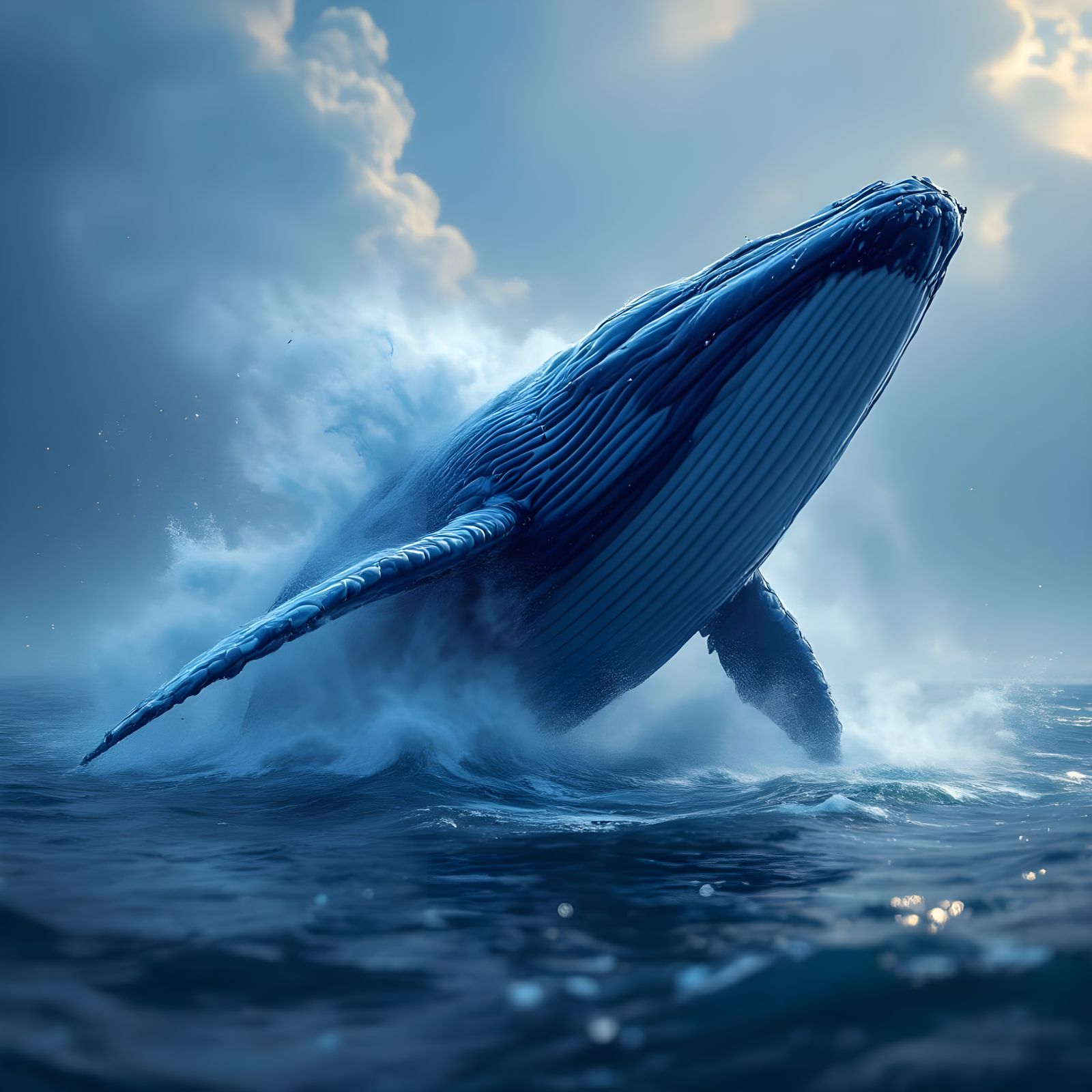 Blue Whale in Mid-Air, Suspended in Dynamic Lighting