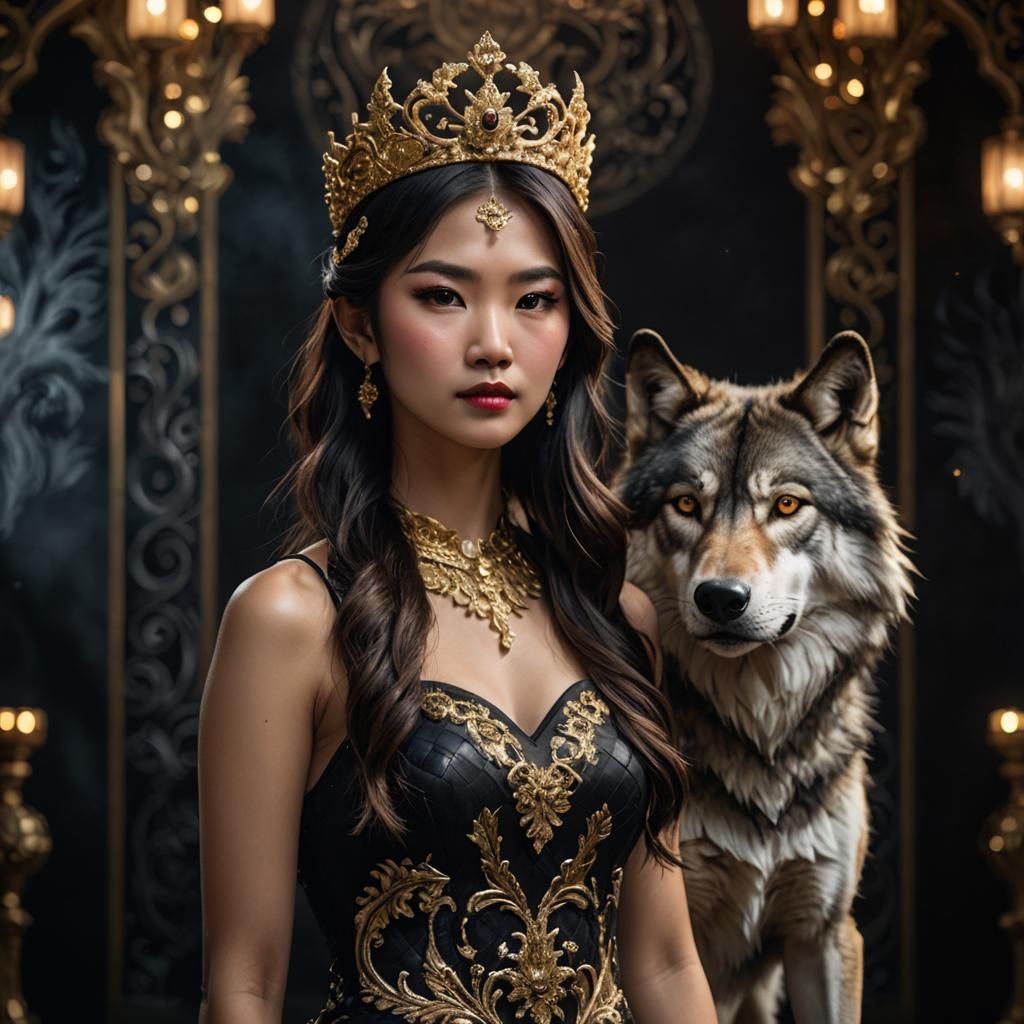Asian Girl with Wolf in Dark Fantasy Ballroom