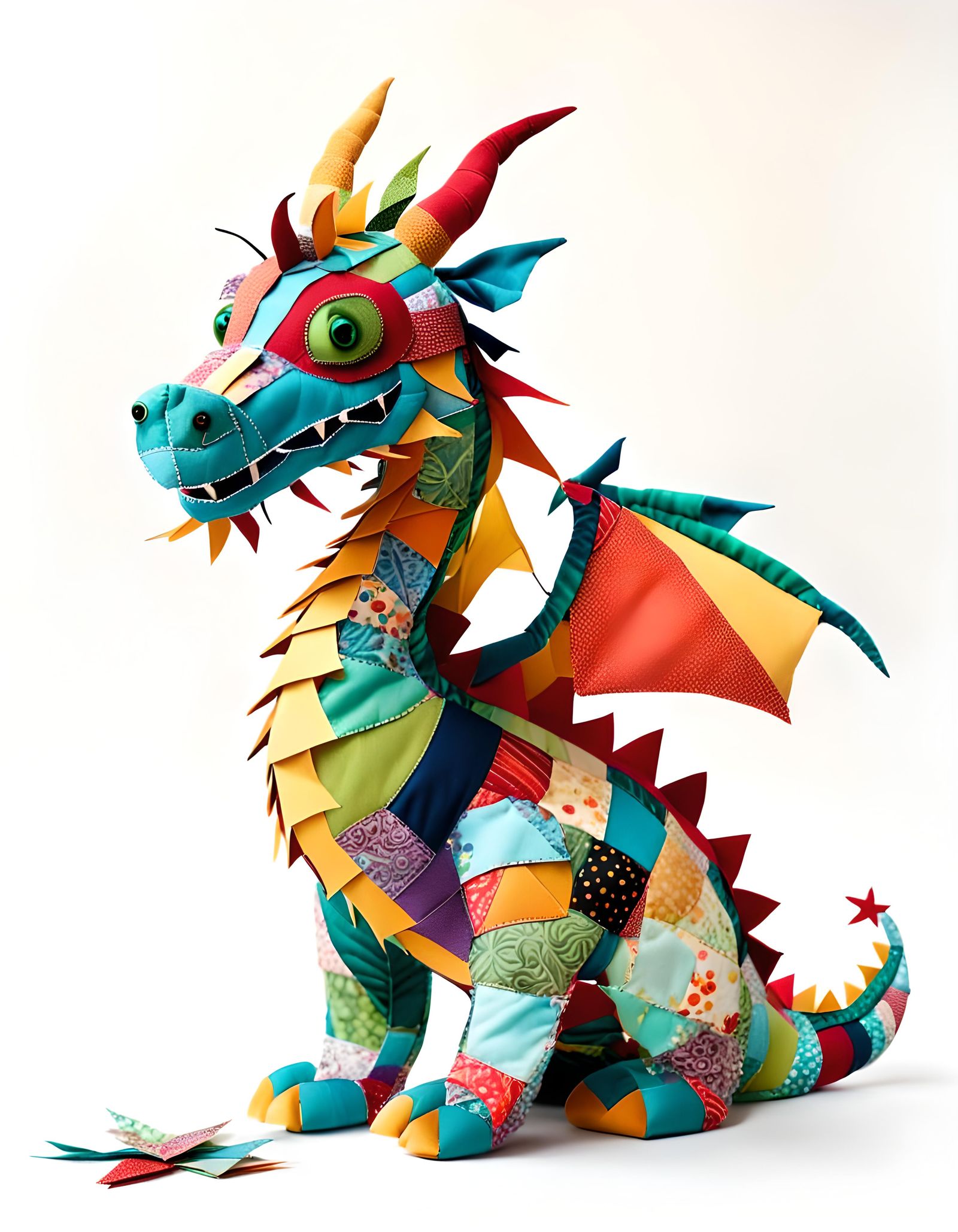 Whimsical Fabric Scrap Dragon on White
