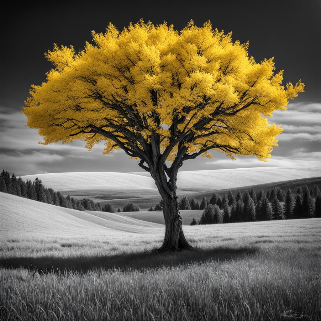 Yellow Tree in Black and White Landscape