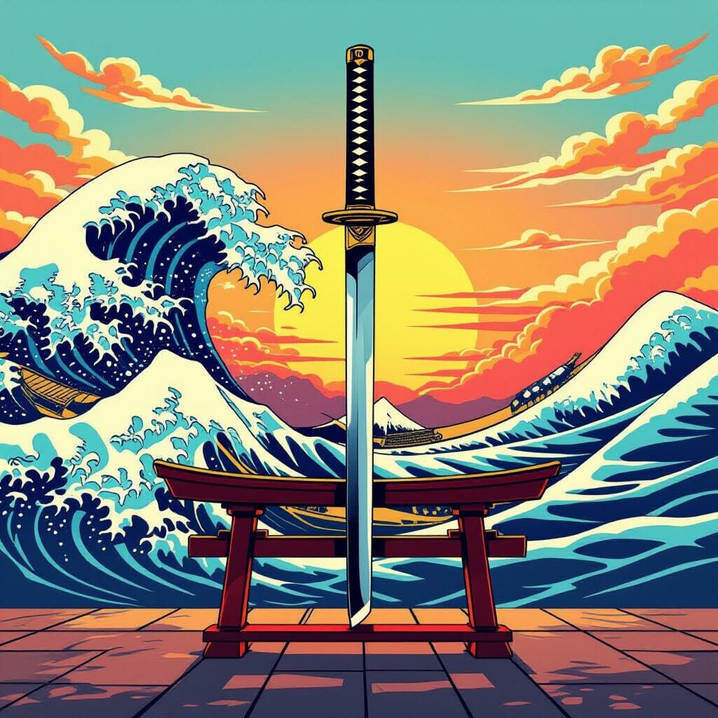 Samurai Sword with Japanese Wave Engraving