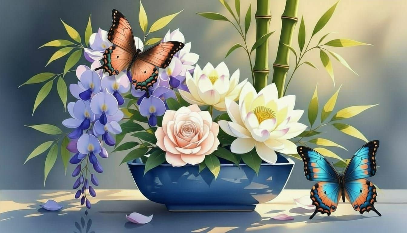 Japanese Floral Arrangement Watercolor Painting