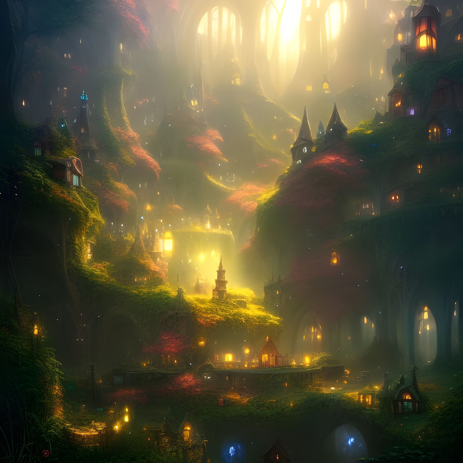 Enchanting Fairy City Illustration in Warm Colors