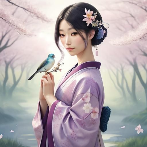 Elegant Kimono Portrait in Watercolor Style