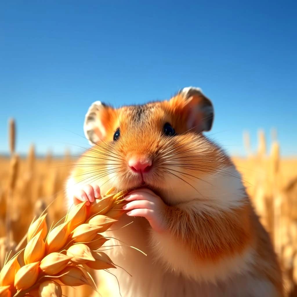 Hamster Gnawing Grain in Sunlit Field