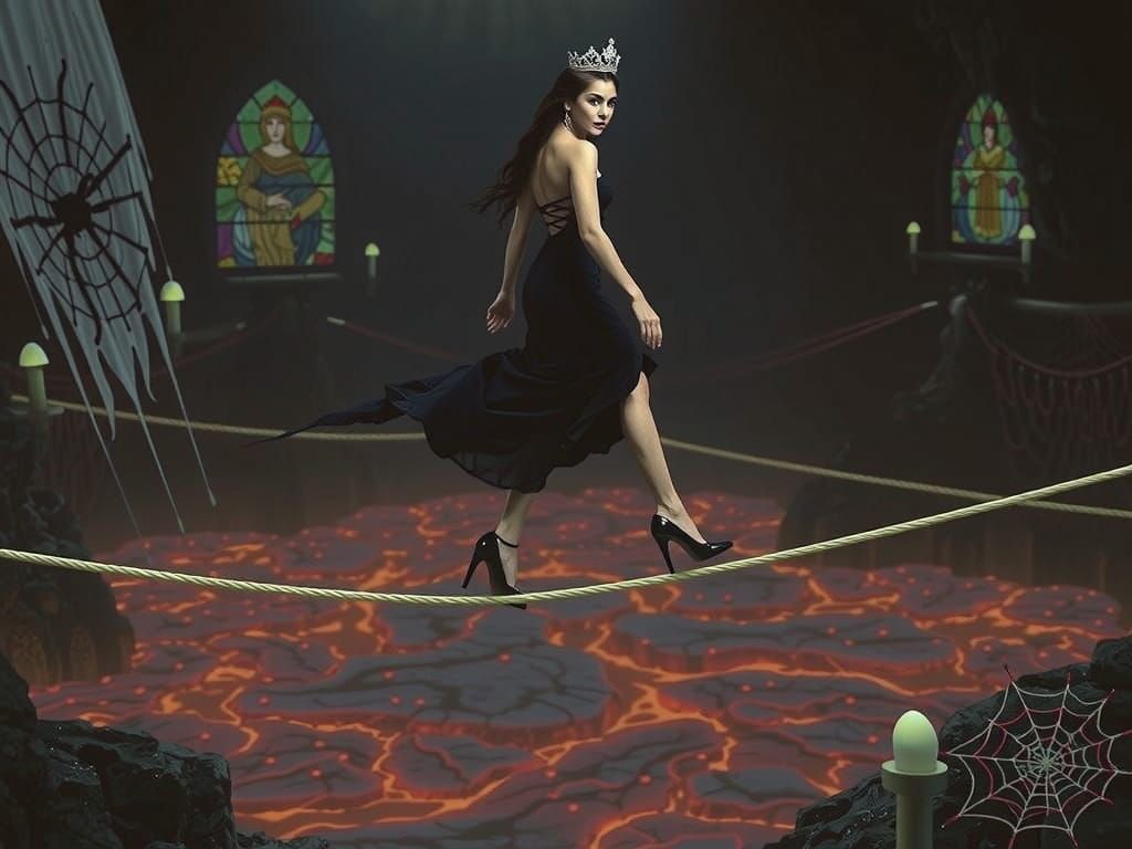 Dark Elf Queen Strides Across Lava in Cinematic Film Still