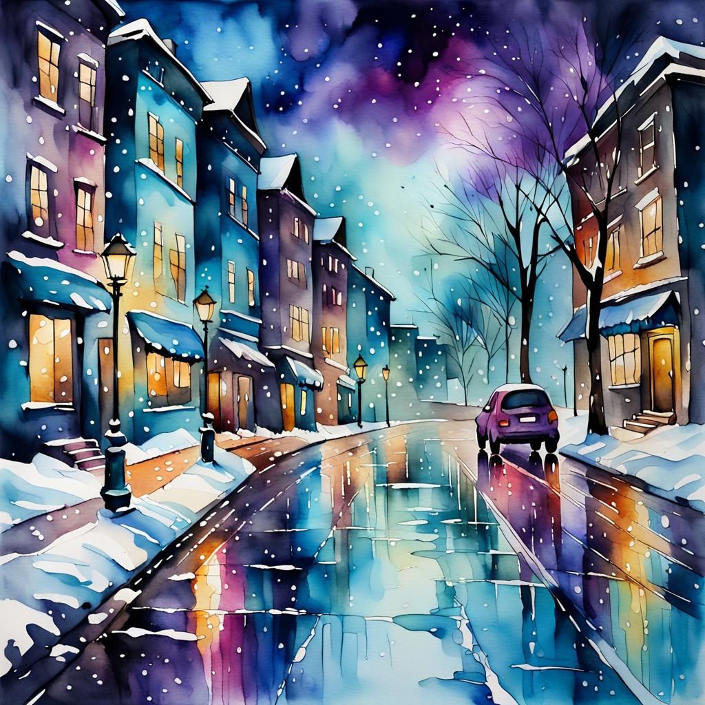 Dreamy Night Cityscape in Vibrant Watercolours