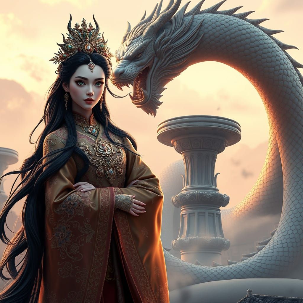 Majestic Fantasy Empress Beside Ancient Chinese Dragon Statu...