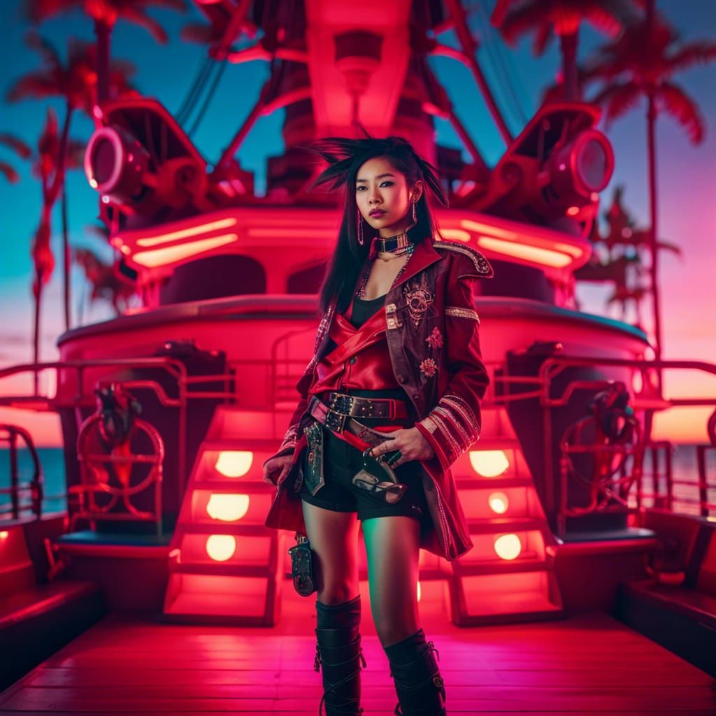 Futuristic Pirate Girl on Ship at Sunset