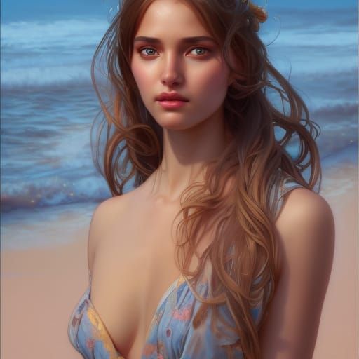 Woman in Beachwear Portrait in Hyperdetailed Style