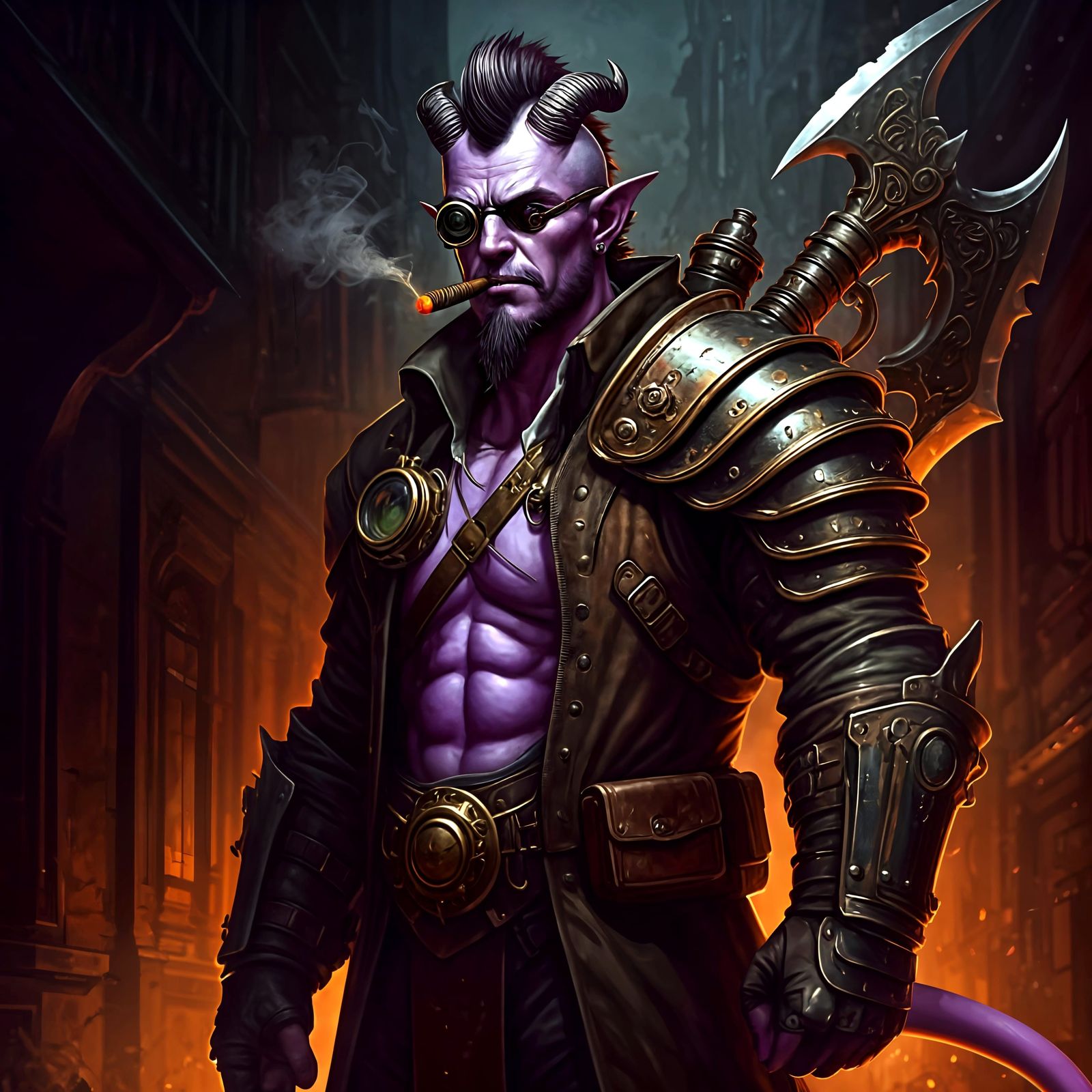 Steam Punk Tiefling Warrior in Dark Alleyway