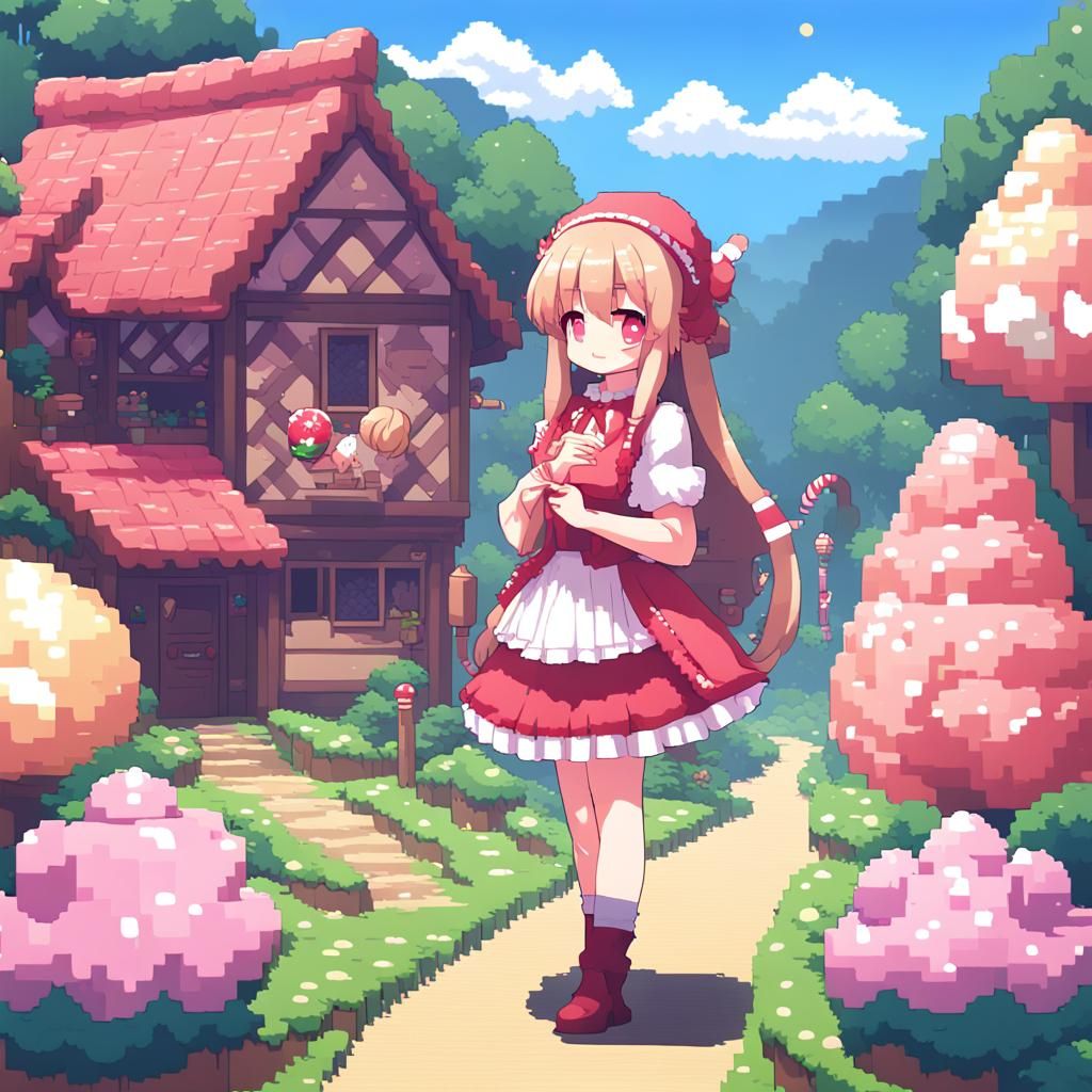 Pixel Art Woman in Candy Village