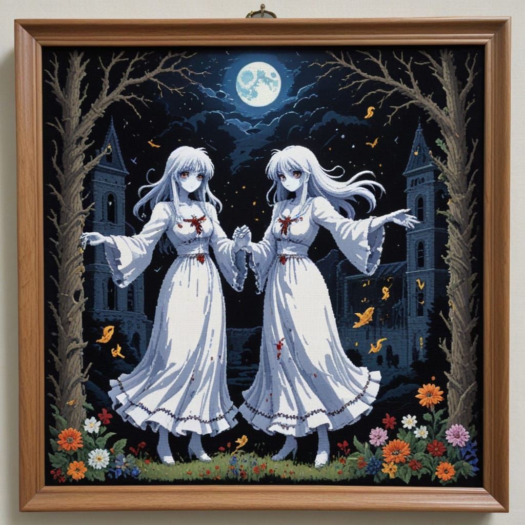 Surreal Asylum Dance in Intricate Anime Needlepoint Style