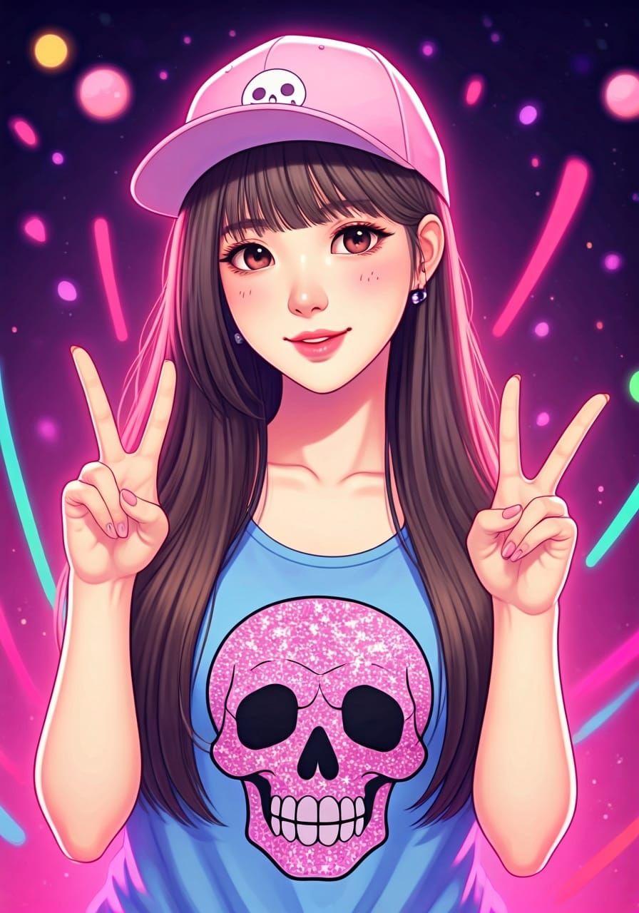 Neon Anime Girl with Peace Sign in Pixiv Style
