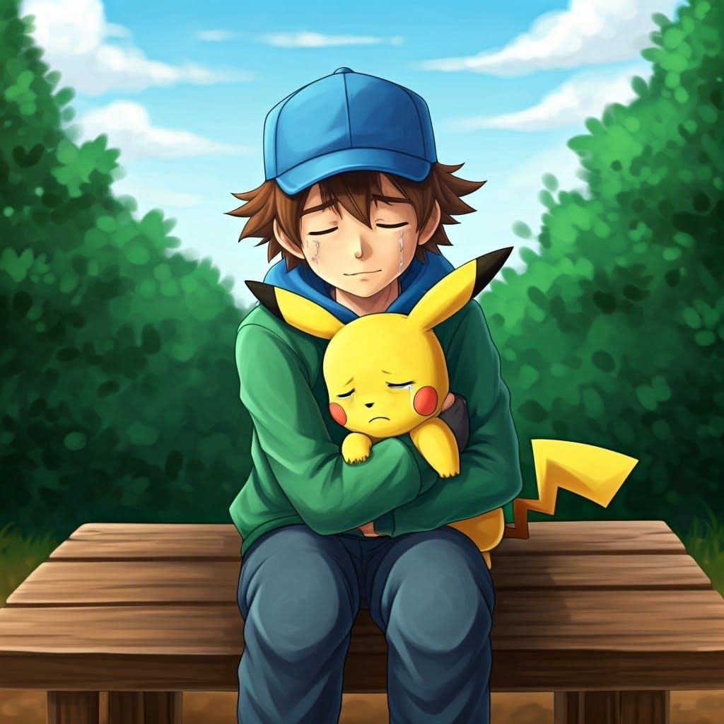 Trainer Comforts Pikachu in Whimsical Digital Painting