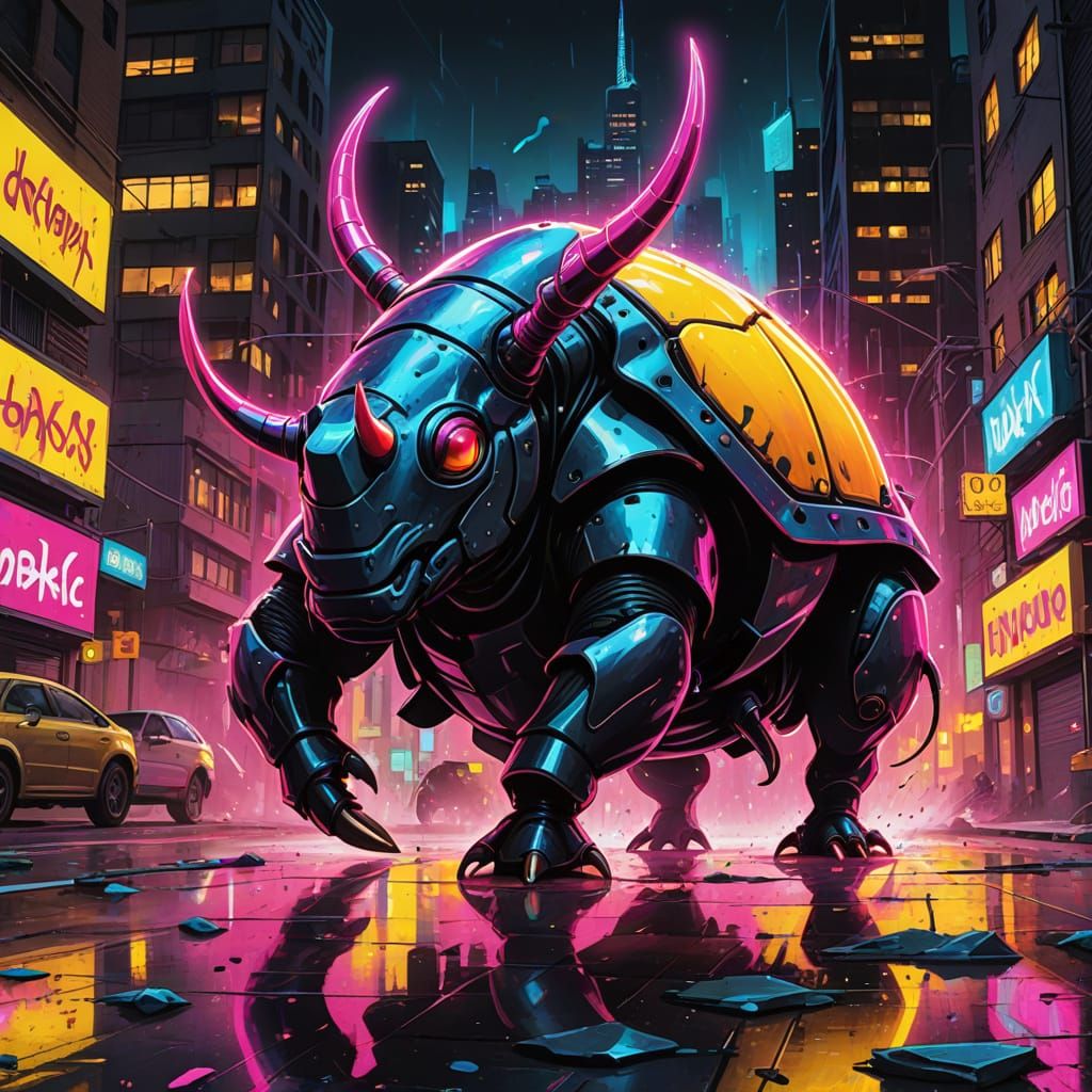 Neon Rhino Beetle Charging Through Holo-City