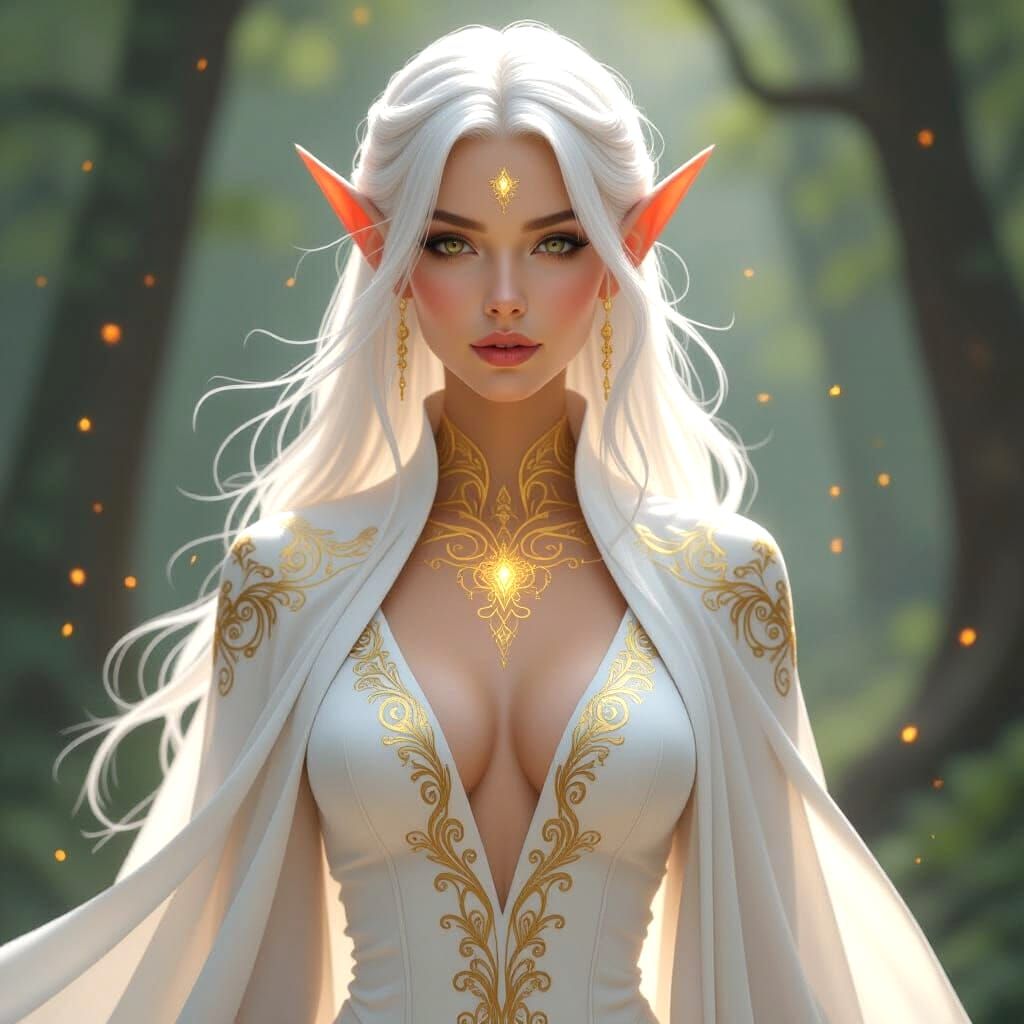 Elegant Elf Woman With Golden Magic and Flowing Gown